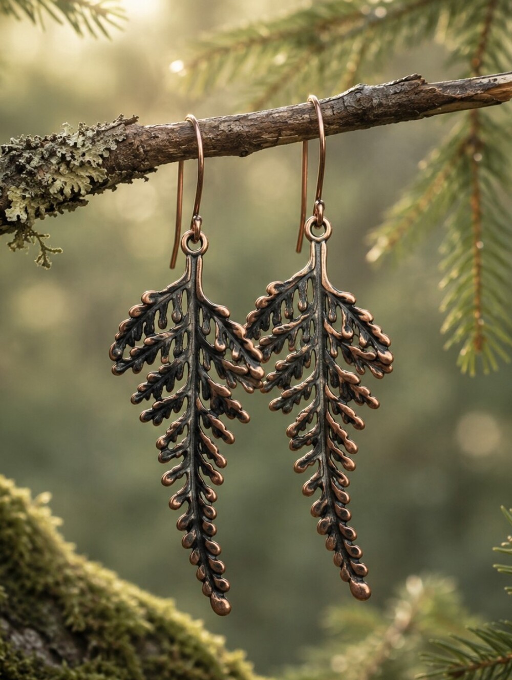 Copper Fern Earrings Woodland Canopy Dangles Hand Crafted